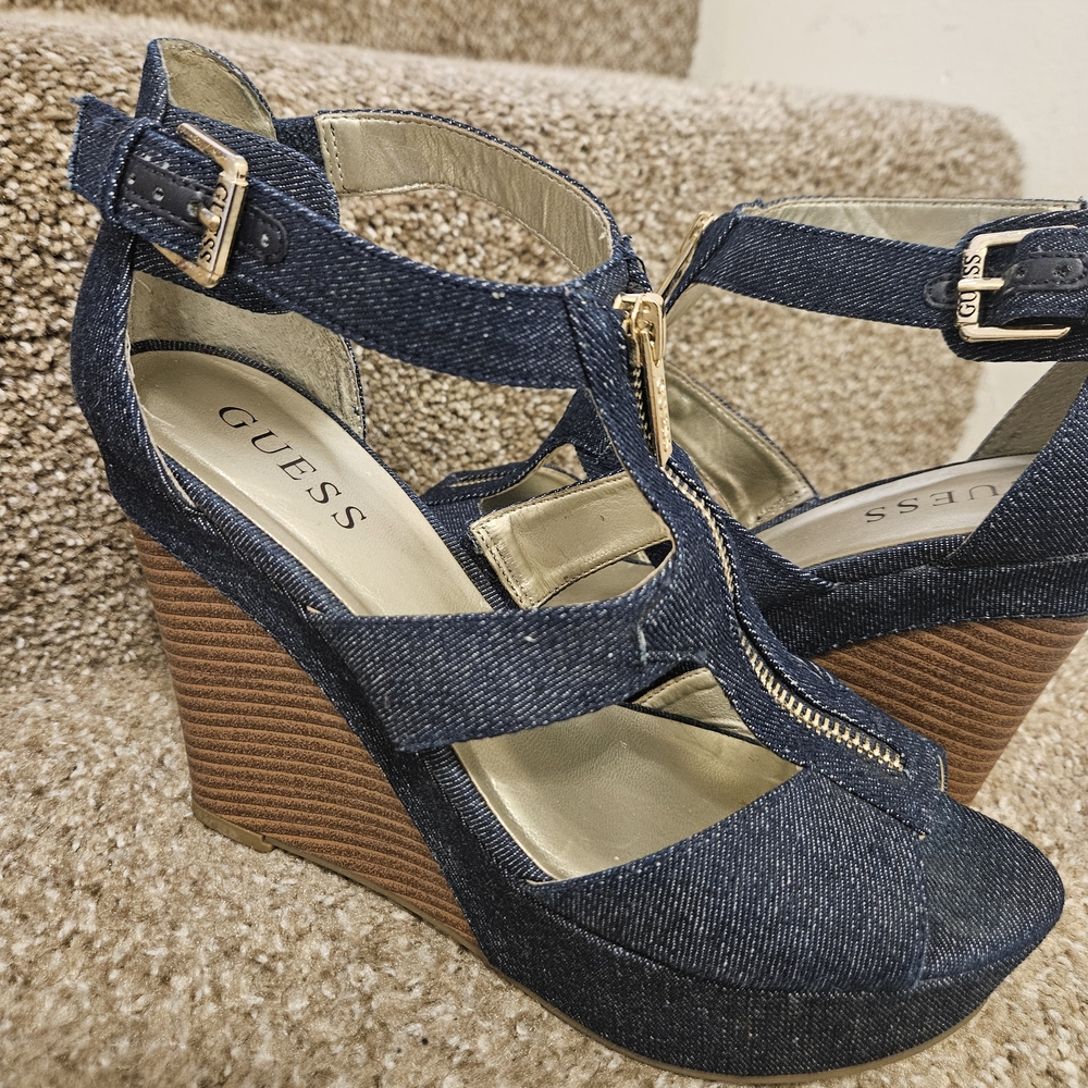 Guess Blue Denim and Gold Wedges